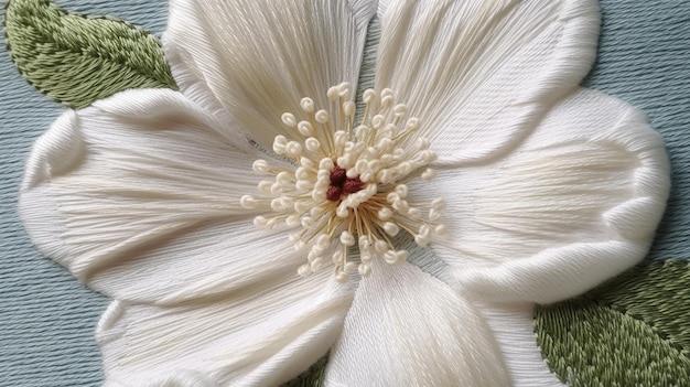 haftowany kwiat na lnianej tkaninie